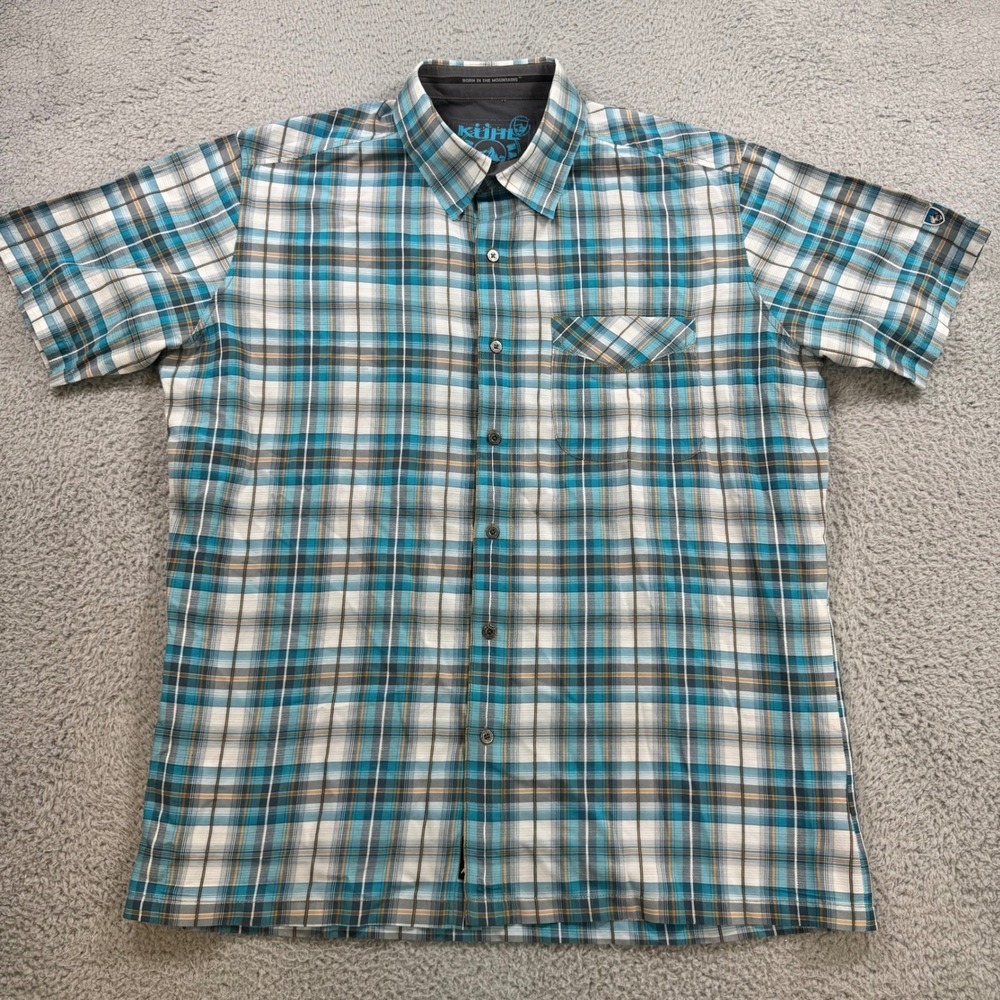 KUHL Mens Medium Blue Plaid Short Sleeve Button Down Shirt Cotton Blend 10408